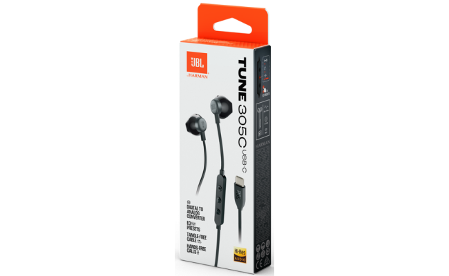 JBL TUNE 305C USB Wired Hi-Res Headphones, 12.5 mm Dynamic Driver, EQ Presets Control, Tangle-free Flat Cable, 20Hz-40 kHz Frequency Response, Built-in Mic, USB-C Connectivity, Black